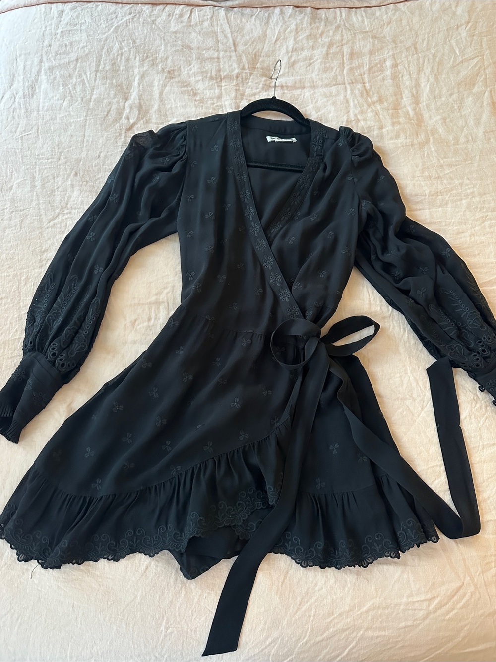 Reformation Black Wrap Mini Dress with Lace Trim